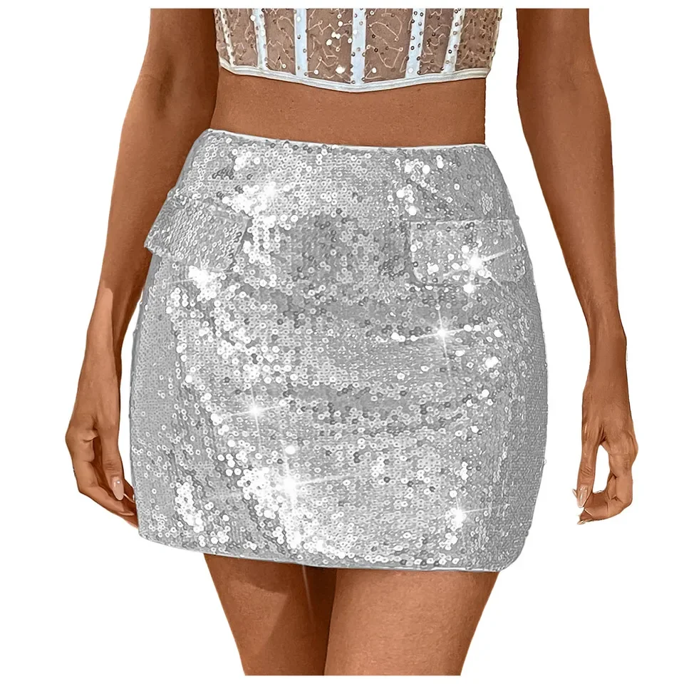 Glitter Skirt Short Sequin Skirt For Women Carnival Party Silver Gold Sexy Midi Skirt Skirt With Elastic Waist Glitter Skirt
