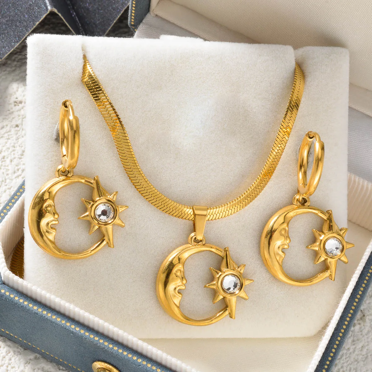 

Trend Moon Star Hollow Pendant Stainless Steel Necklace Earrings Set For Women Fashion Party 18K Gold-Plated Jewelry Set Gift