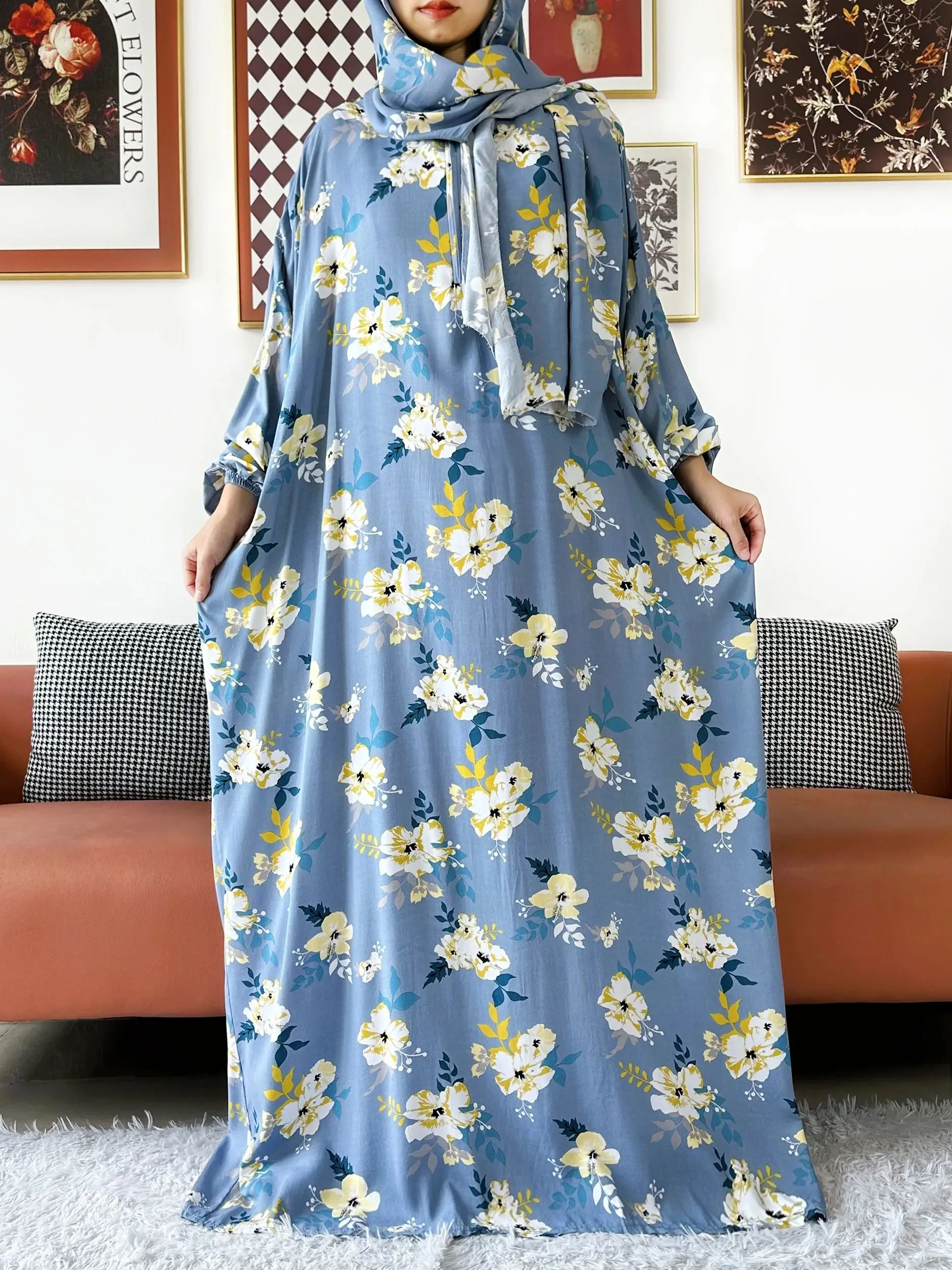 

6XL мусульманский хлопок с цветочным принтом леди Абая Рамадан молитвенная одежда Дубай Турция Ближний Восток женский халат свободное африканское платье тюрбан сустав