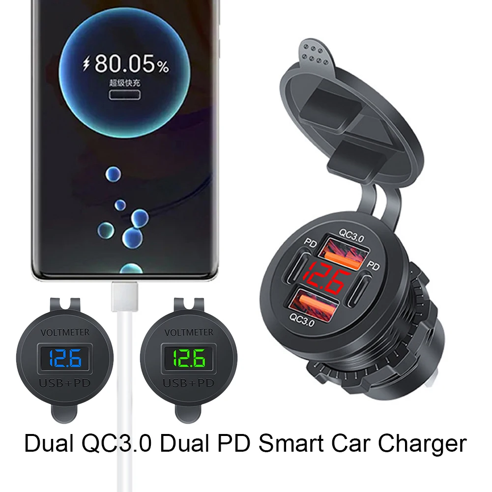 Dual PD Dual QC 3.0 USB Car Charger with Voltmeter Fast Charging Outlet 4 Ports USB A USB C Socket for Car Boat Marine Truck