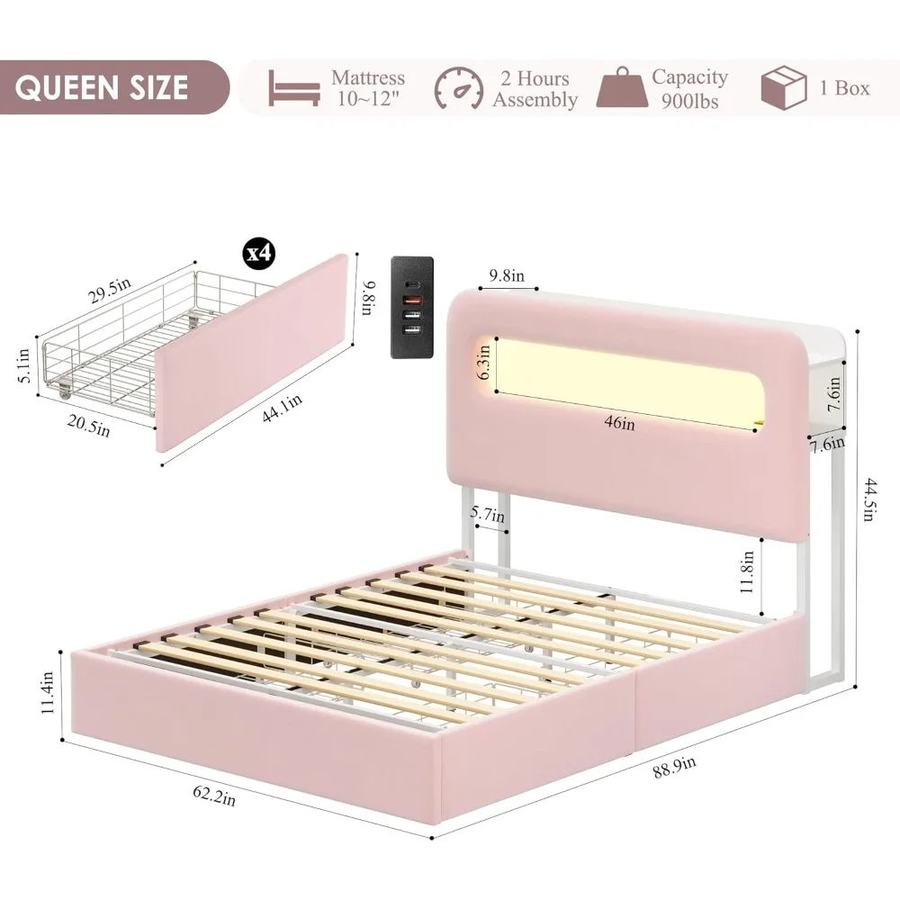 Queen LED Bed Frame with Storage Headboard, Girls Bed Frame with 2 Drawers and USB Ports,Velvet Upholstered Platform Beds Frames