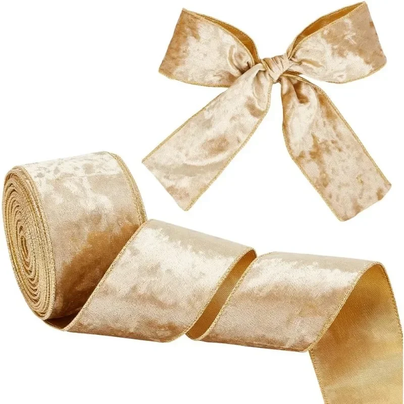 1 Roll Champagne Velvet Wired Ribbon 2 inch Wide Single Sided Velvet Ribbon for Gift Wrapping Bow Making Christmas Decoration