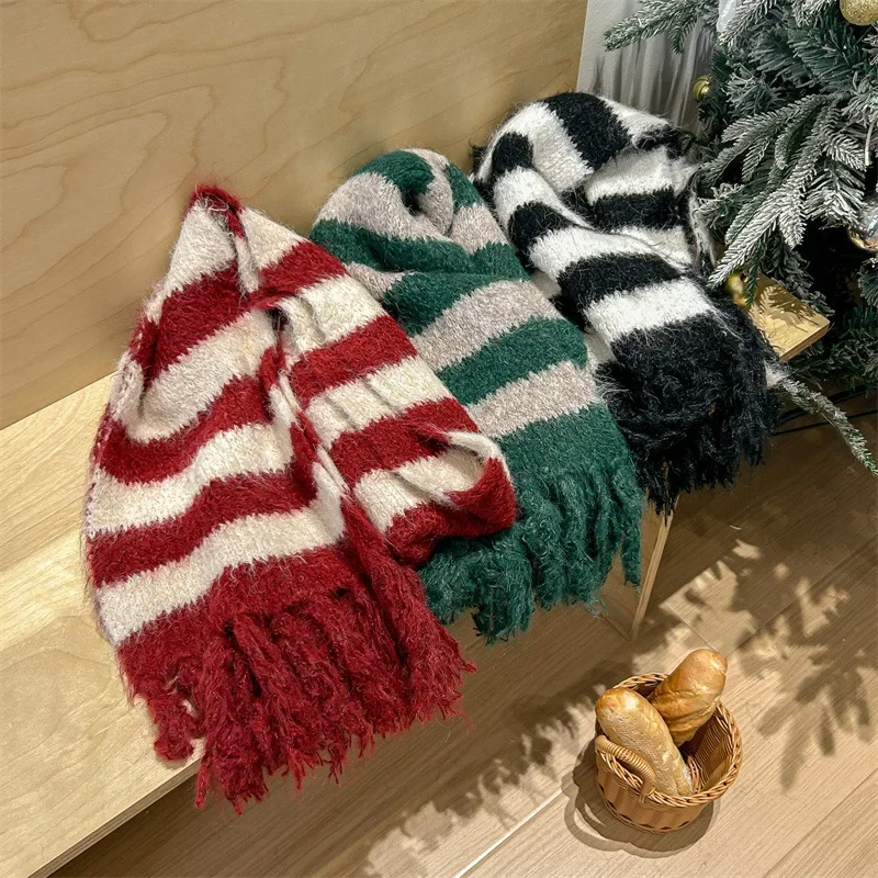 NEW Winter Thick Warm Stripe Scarf Women Cashmere Shawl and Wraps Pashmina Neckerchief Bufanda Female Long Tassels Scarf 2024