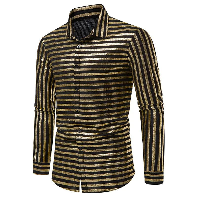 Mens Vintage Striped Metallic 70s Disco Dance Shirt 2024 Long Sleeve Luxury Dress Shirts Nightclub Halloween Party Stage Costume