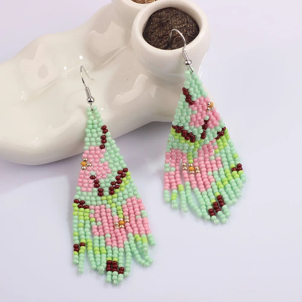 ZGMXR Bohemia Geometry Design Rice Bead Earrings for Women Tassel Flowers Hand Knitted Simple Fashion Beaded Jewelry