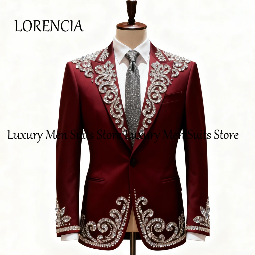 

Simple Crystal Suits for Men 2 Pieces Glitter Rhinestone Wedding Groom Tuxedos Set Customized Blazer Pants roupas masculinas