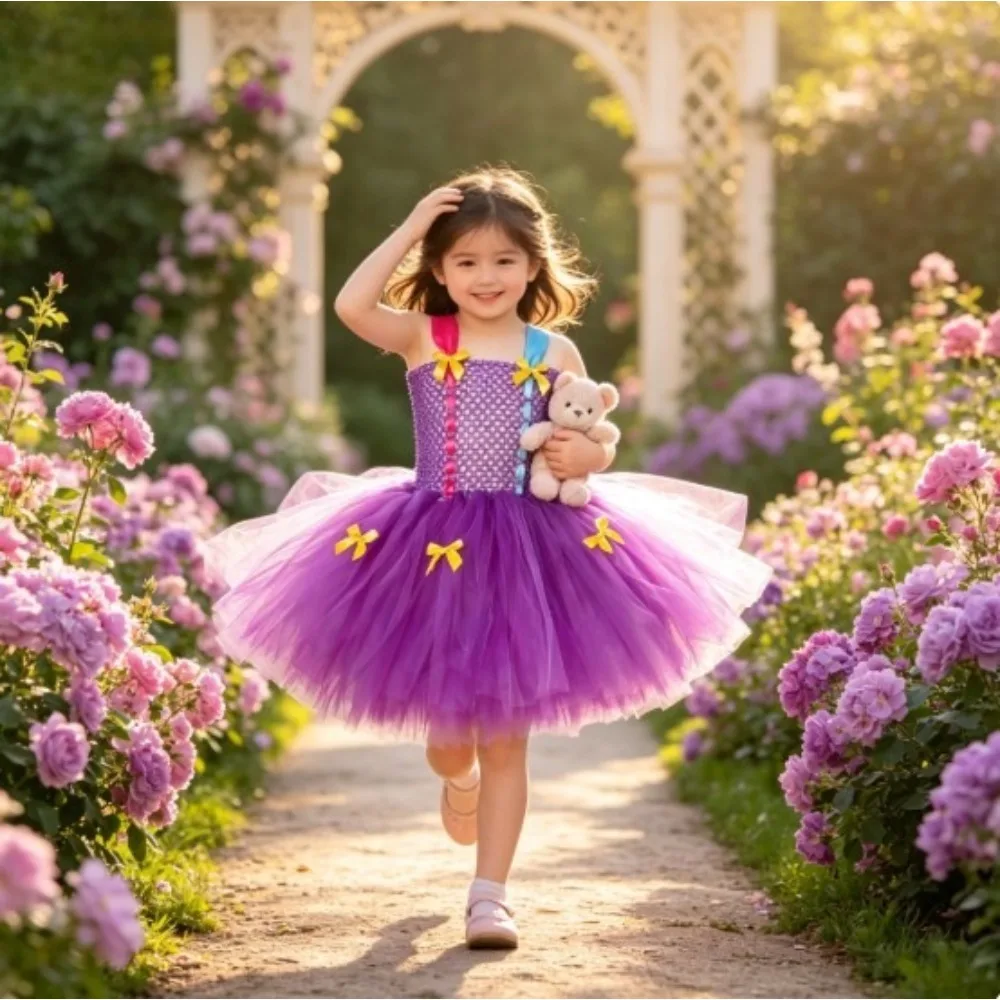 Halloween Purple Tutu Dress Little Girls Mesh Fluffy Skirt Children Gathering Occasion Outfit Stitching Elegant Fabric Attire