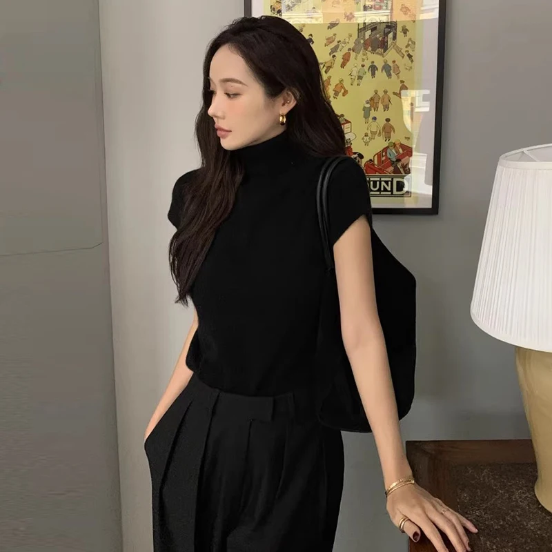 

Chic High Collar Elastic Slim Fit ort Sve Color Knit Sweater for Women Sli Commute Sle Regular Length