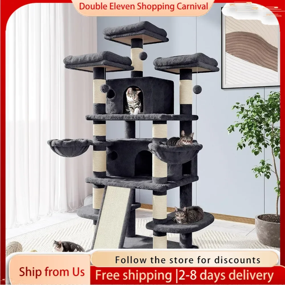 68 Inches Cat Tree House with Condo, Scratching Post, and Multi-Level Towers for Cats - Smokey Grey