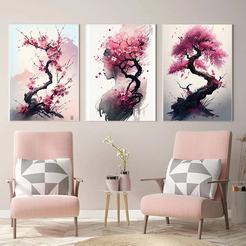 Japanese Sakura Wall Art Poster Print Canvas Painting  Pink Watercolor Cherry Blossom Aesthetic Pictures for Living Room Decor