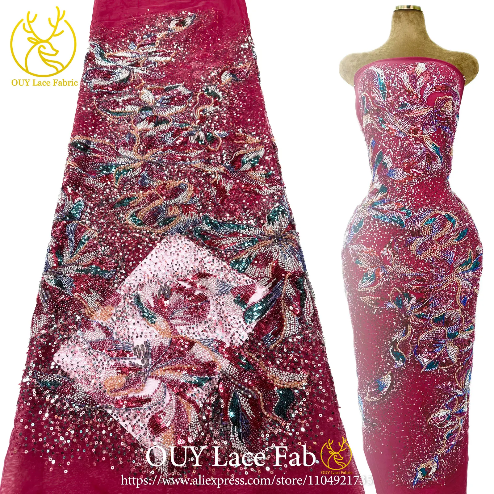 

High-Quality Luxury African Embroidered Sequined Lace Fabric, 2026 Nigerian Beaded Lace Fabric, Suitable For Wedding Dresses.