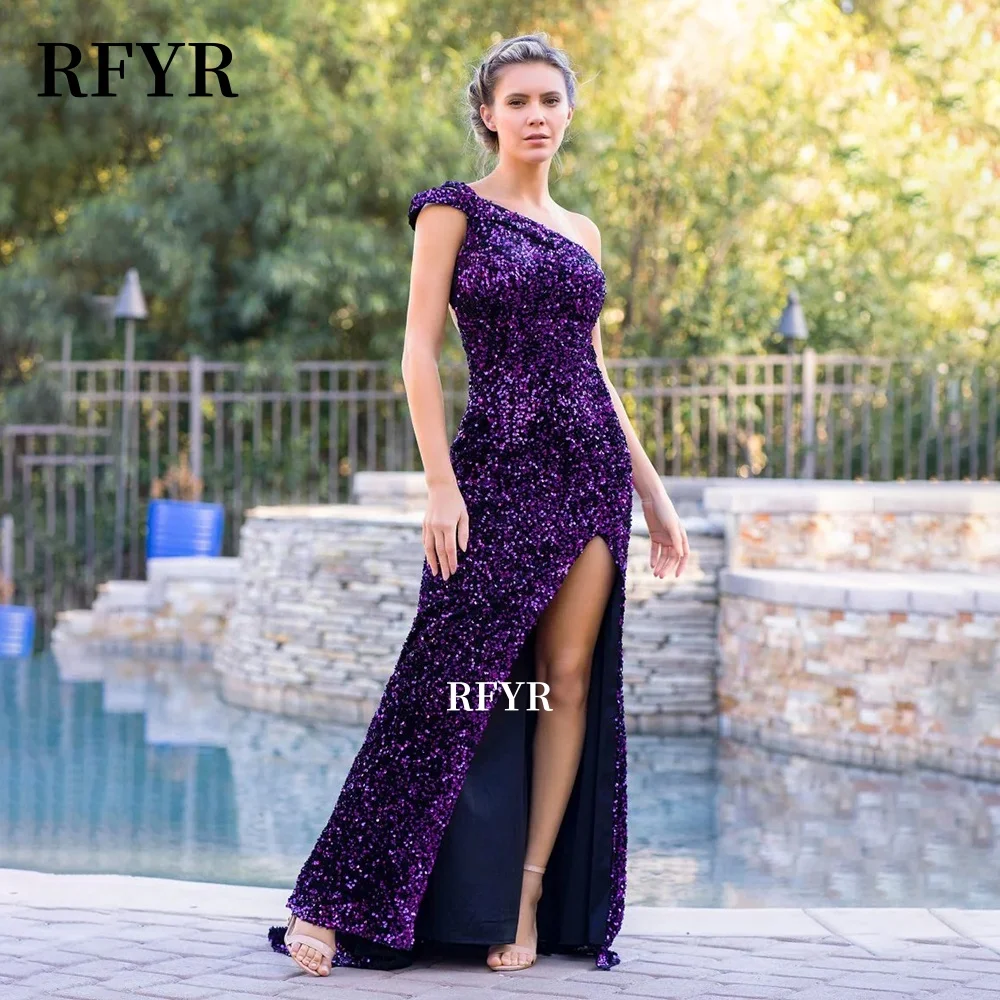 

RFYR One Shoulder Evening Dresses Glitter Prom Dress High Slit Sequined Party Dress for Women فساتين مناسبة رسمية Customized
