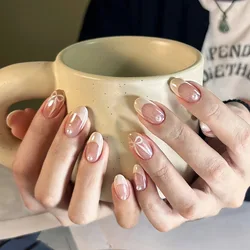 10Pcs Handmade Short Oval Press on Nails French White Pink Bow Pearls Cute False Nails Reusable Wearable Nail For Girls Women