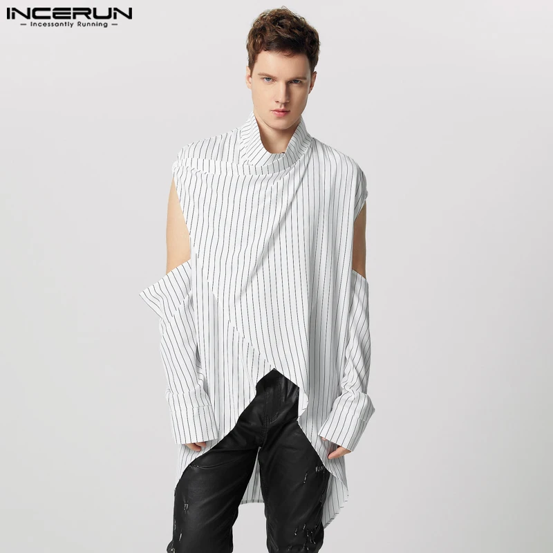 INCERUN, nuevas camisetas con estilo para hombre, camisas con diseño cruzado ahuecado a rayas, blusa de manga larga para hombre guapo, superventas, S-3XL 2025