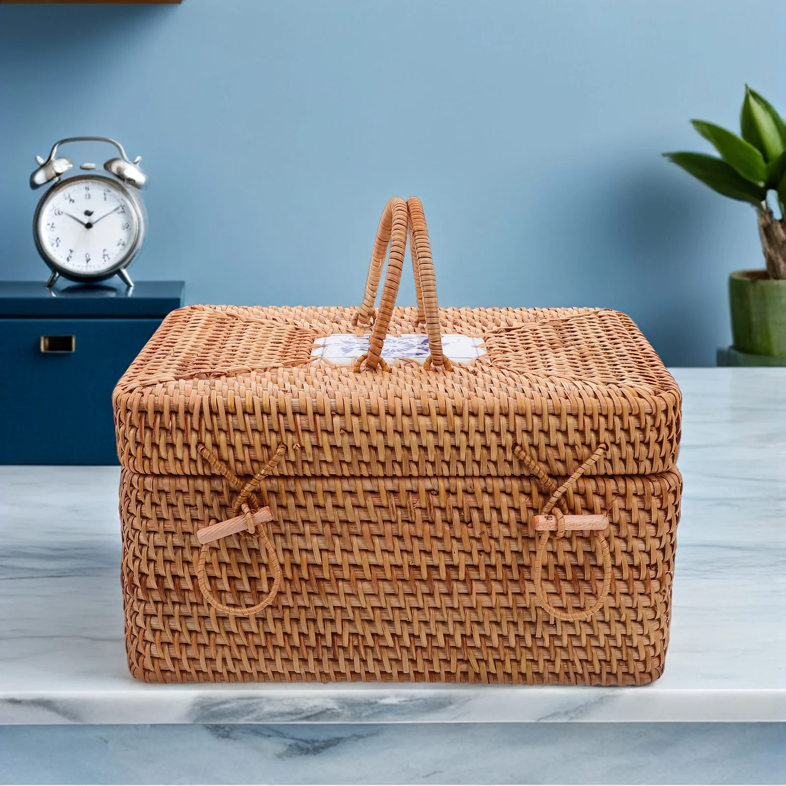 

Handwoven Rattan Picnic Basket Large Capacity Rustic Storage Organizer Handle Outdoor Camping Fruit Vegetable Snack Box