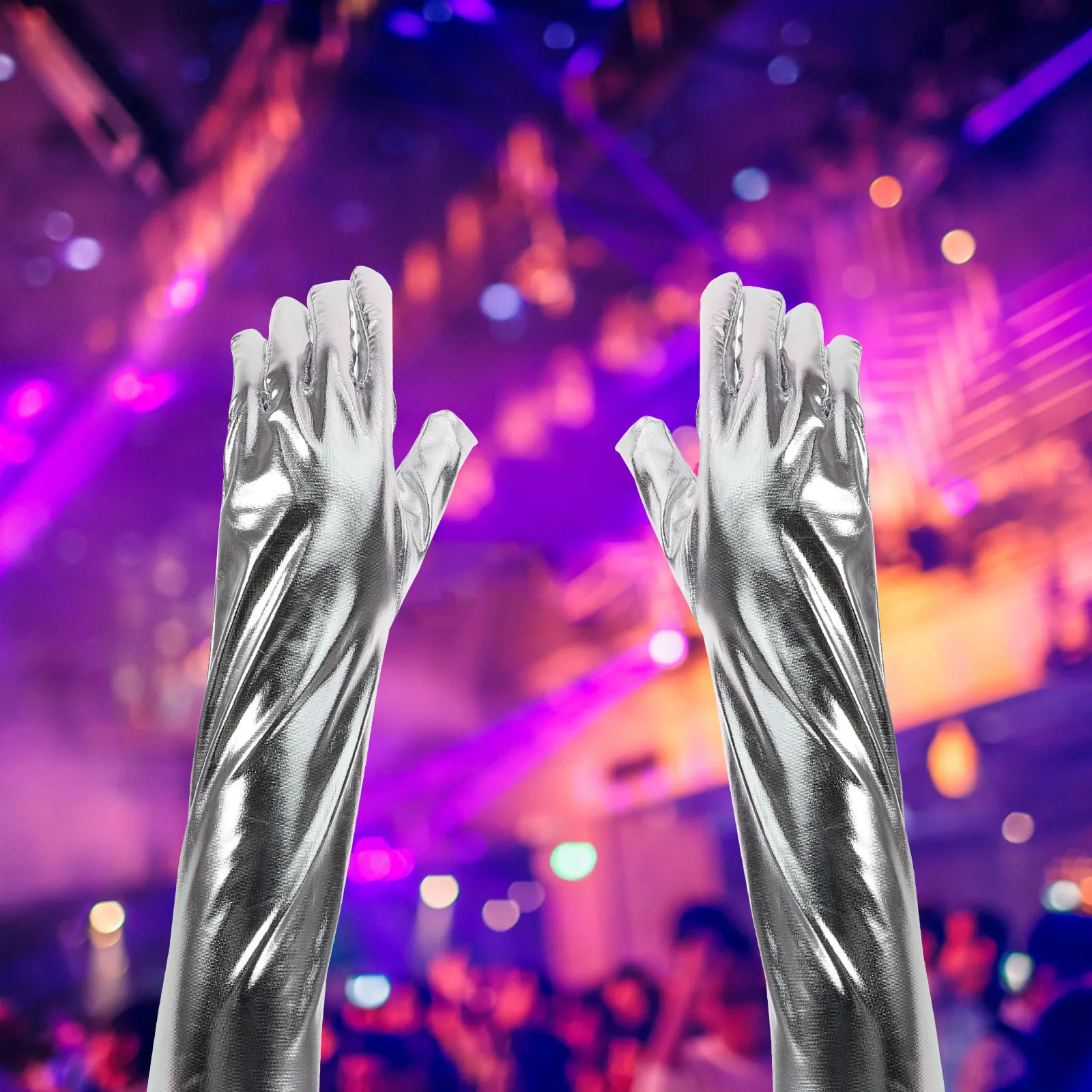 1Pair Shiny Metallic Elbow Length Gloves Patent Mid-Length for Stage Performances Costume Accessories Evening Party