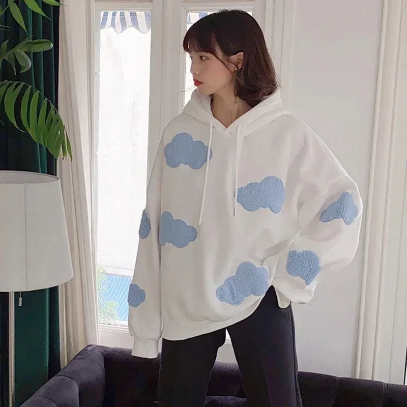 Jersey informal de manga larga para mujer, sudadera holgada con capucha suave, color azul cielo y nubes blancas, otoño e invierno, 2023