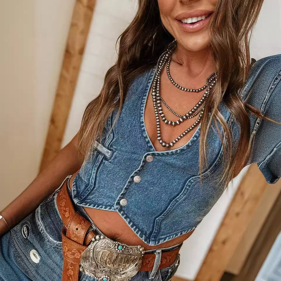 Women's Summer New Fashion Personality Spice Girl Denim Vest Top, Sleeveless Single Breasted V-neck Short Denim Vest Coat Y2k