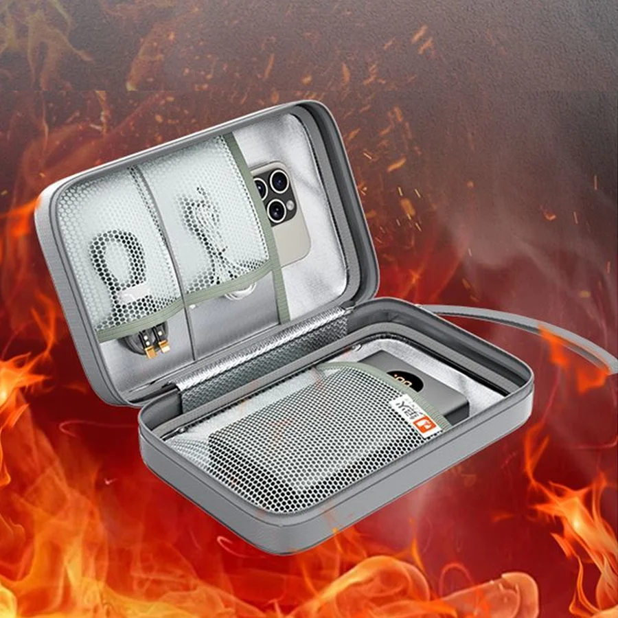 Fireproof Electronics Organizer Storage Box - Portable Digital Accessories Case for Phone/Power Bank/Charger, Flame Resistant