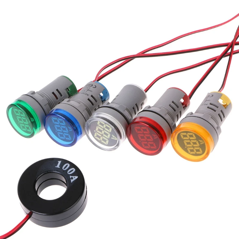 Round Light Current Meter, Digital Ammeter, Lamp Light, 5 Different Color, 22mm, 0-100A