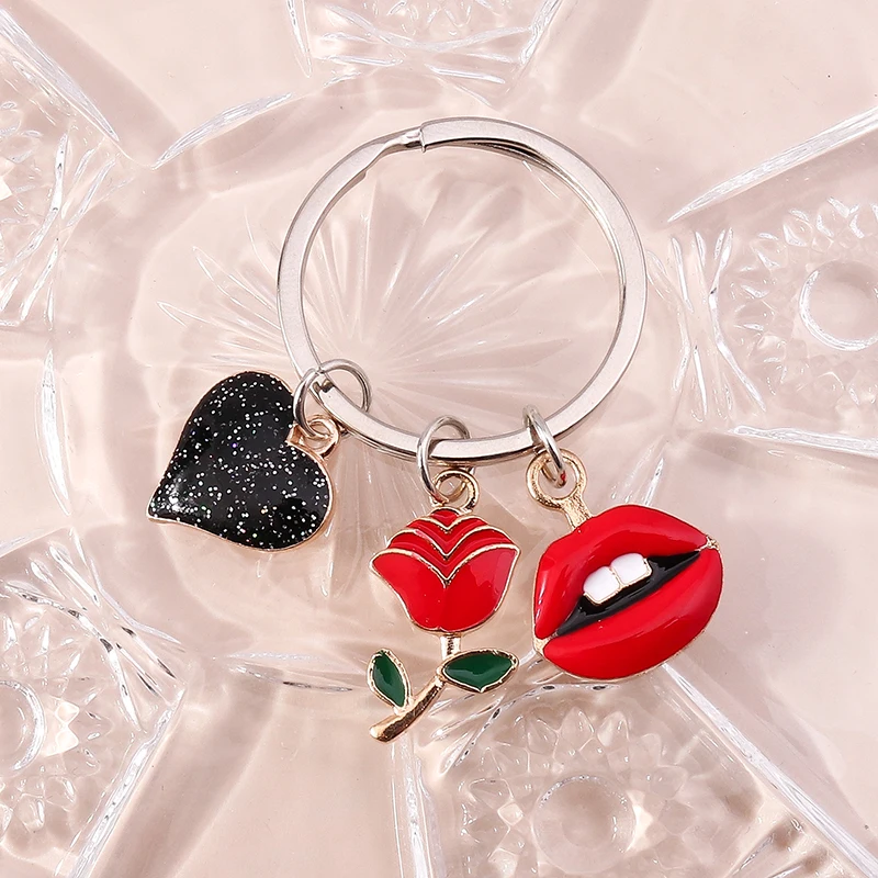 Fashion Rose Flower Keychain Enamel Love Heart Red Lips Key Chains Souvenir Gift For Women Men Handbag Car Key DIY Jewelry Gifts