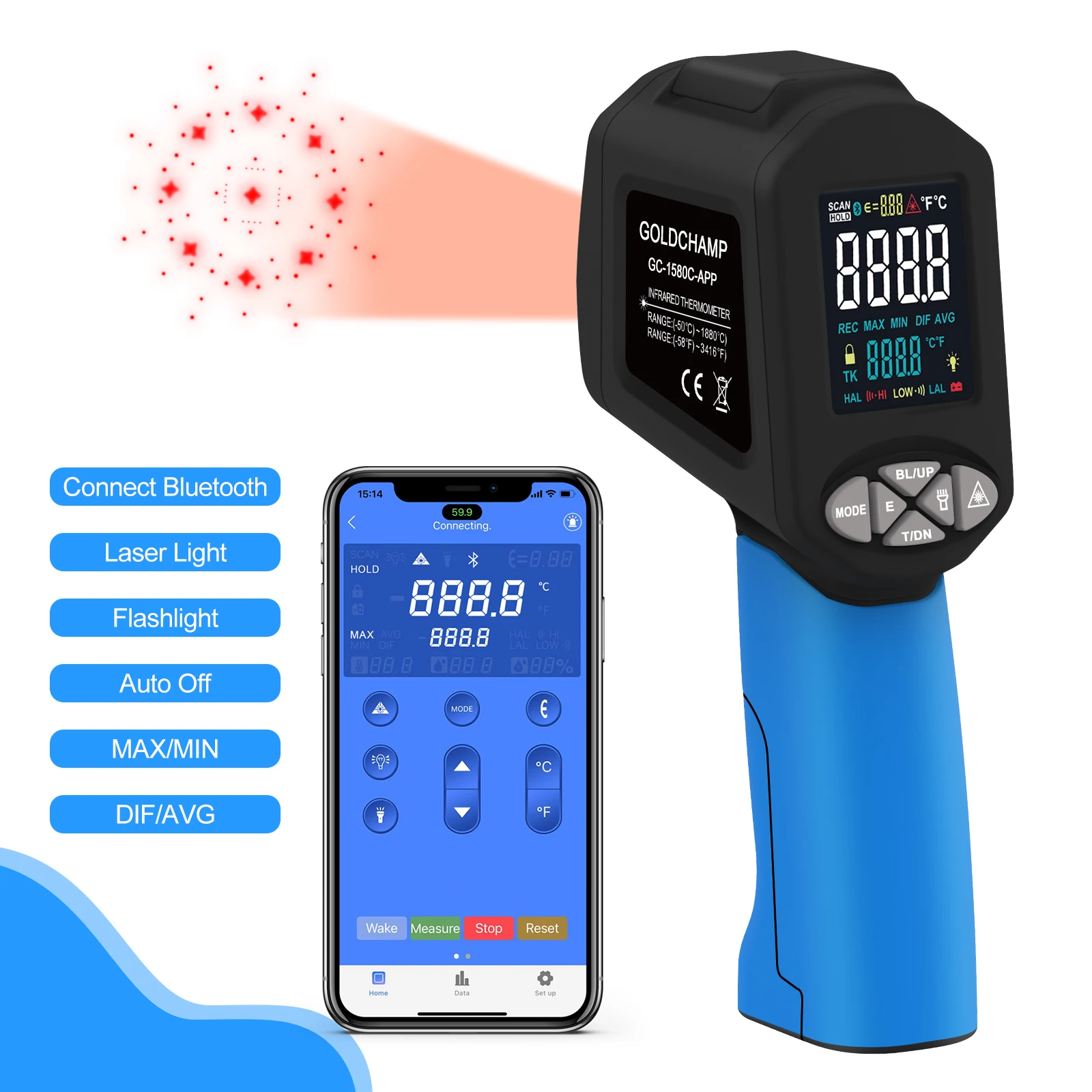Digital Infrared Thermometer,-50℃~1580℃ Non-Contact Laser Temperature Gun with APP, Color LCD, Alarm for Industrial HVAC Cooking