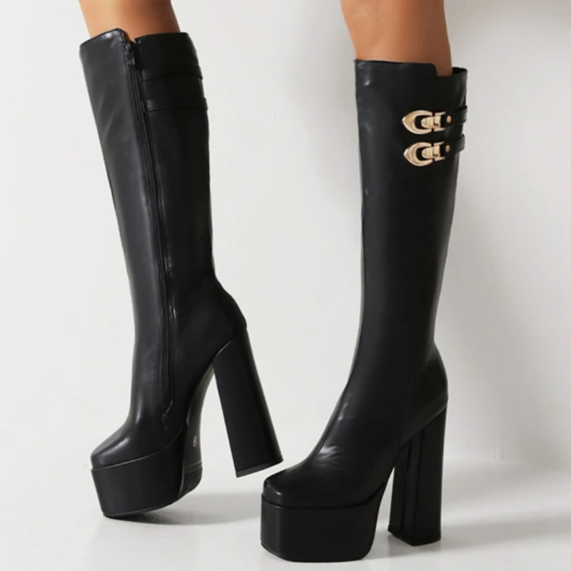 

Black Knee High Boots Women Platform Winter Autumn Shoes Ladies Sexy Fashion Buckle Long Women's Party Boot Large Size 45 2024