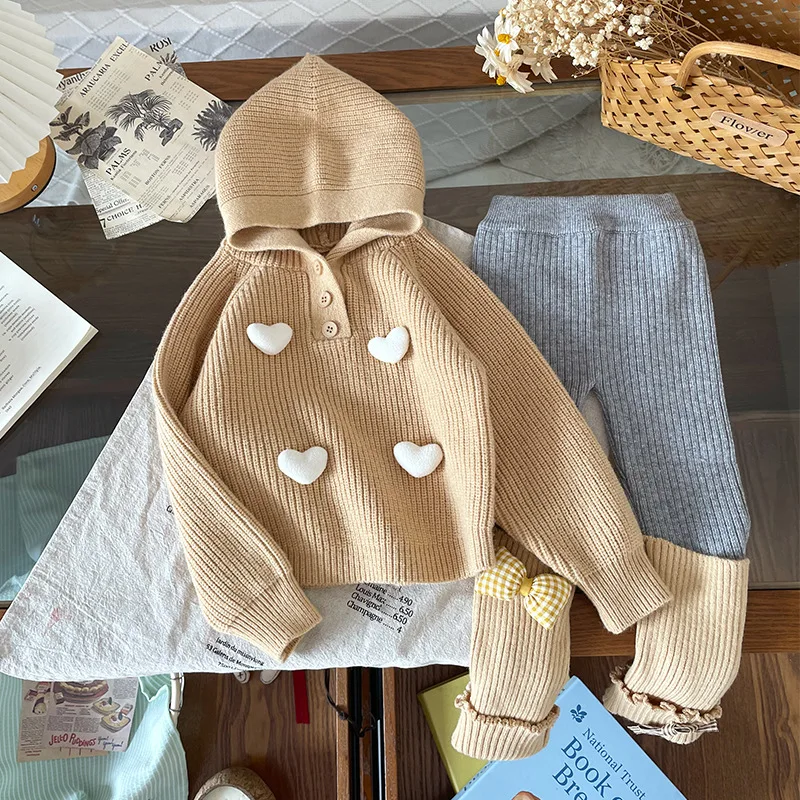 

2025 Winter Kids Baby Girl Two-piece Set Knited Hooded Love Printed Children 1-8Y Girls Sweater+mid Waist Toddler Girl Leggings