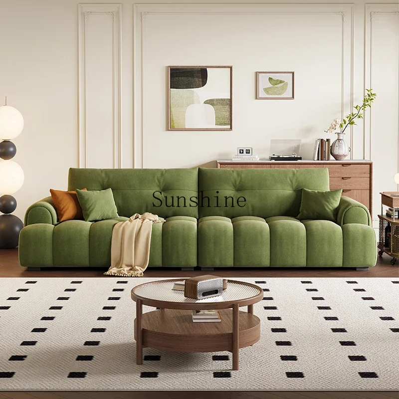 Retro, living room small apartment, cream wind green straight row fabric marshmallow sofa