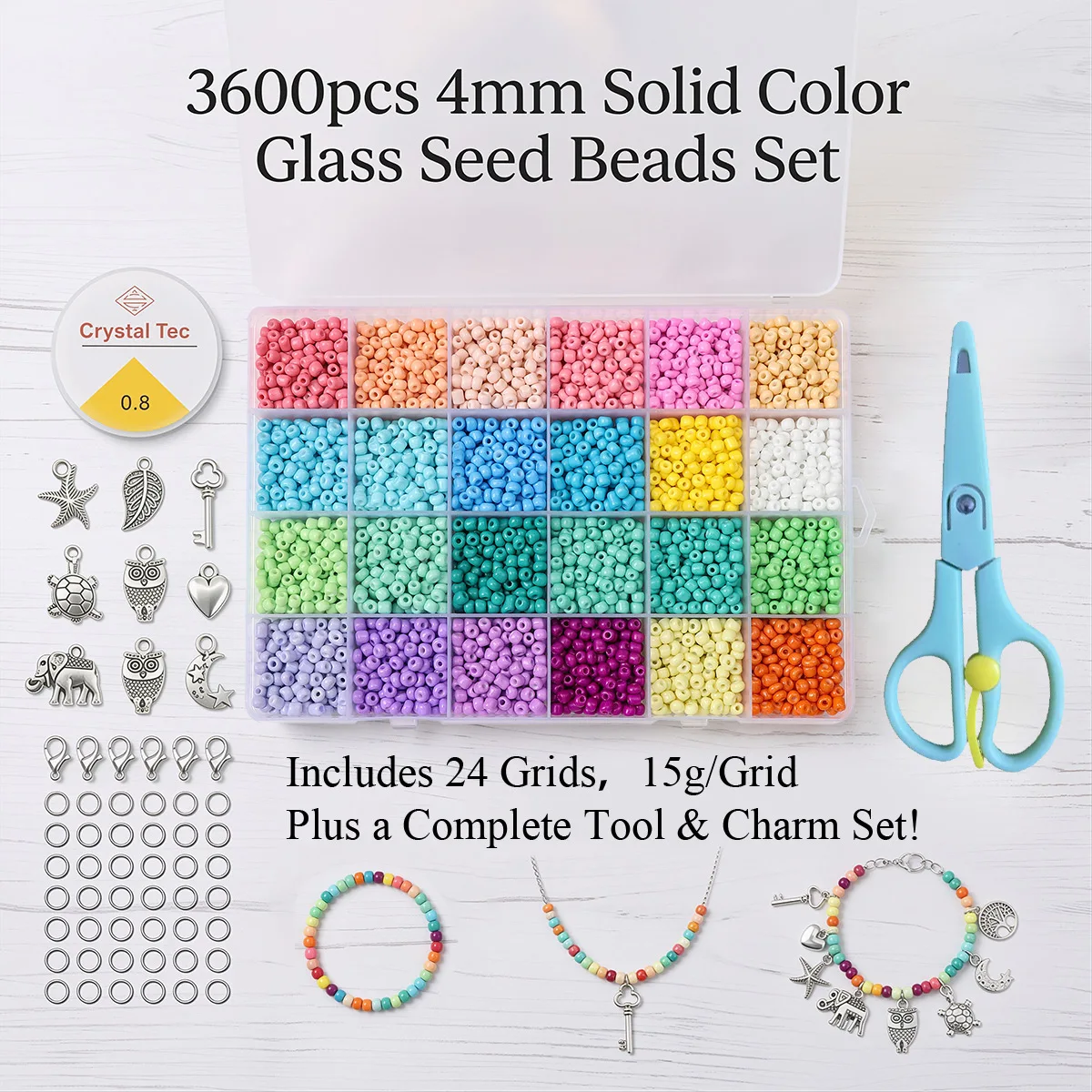 

3600pcs 4mm Solid Color Glass Seed Beads Set Box 24 Grids with Accessories - DIY Jewelry Bracelet Phone Chain Making Kit