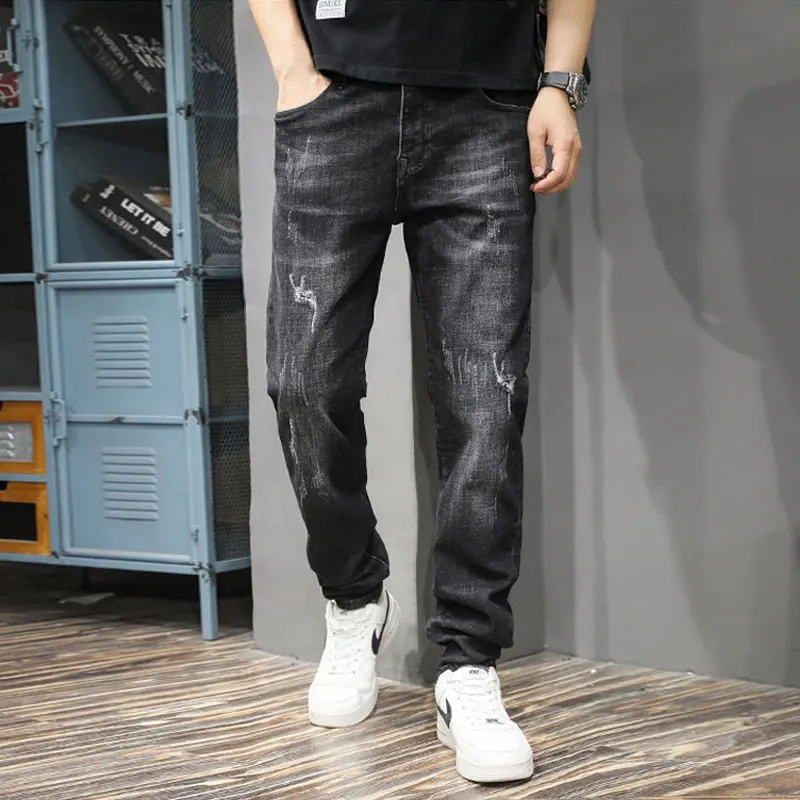 Street Fashion Men Jeans Retro Black Gray Stretch Slim Fit Ripped Jeans Men Vintage Designer Elastic Denim Pants Hombre
