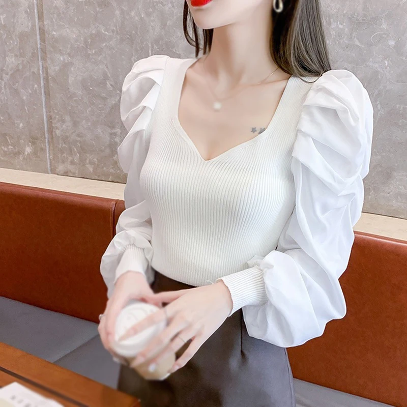 Elegant Bubble Sleeve Women\'s Knitted Sweater Solid Color Slim Fit Long Sleeved V-Neck Autumn Top All-match Fashion Pullovers