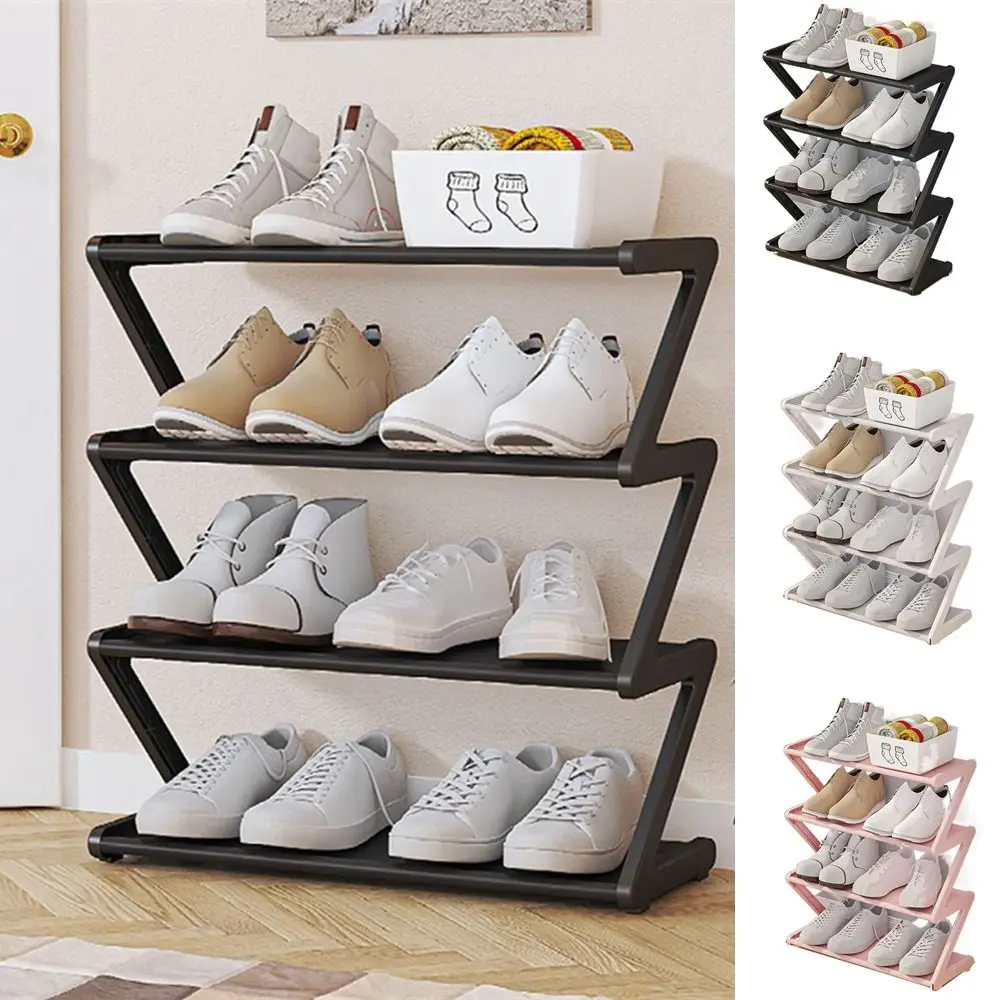 Multifunctional Plastic Doorway Shoe Rack Black/White/Pink Space Saving Shoe Stand Assembled Z-Shaped Shoe Storage Rack Home