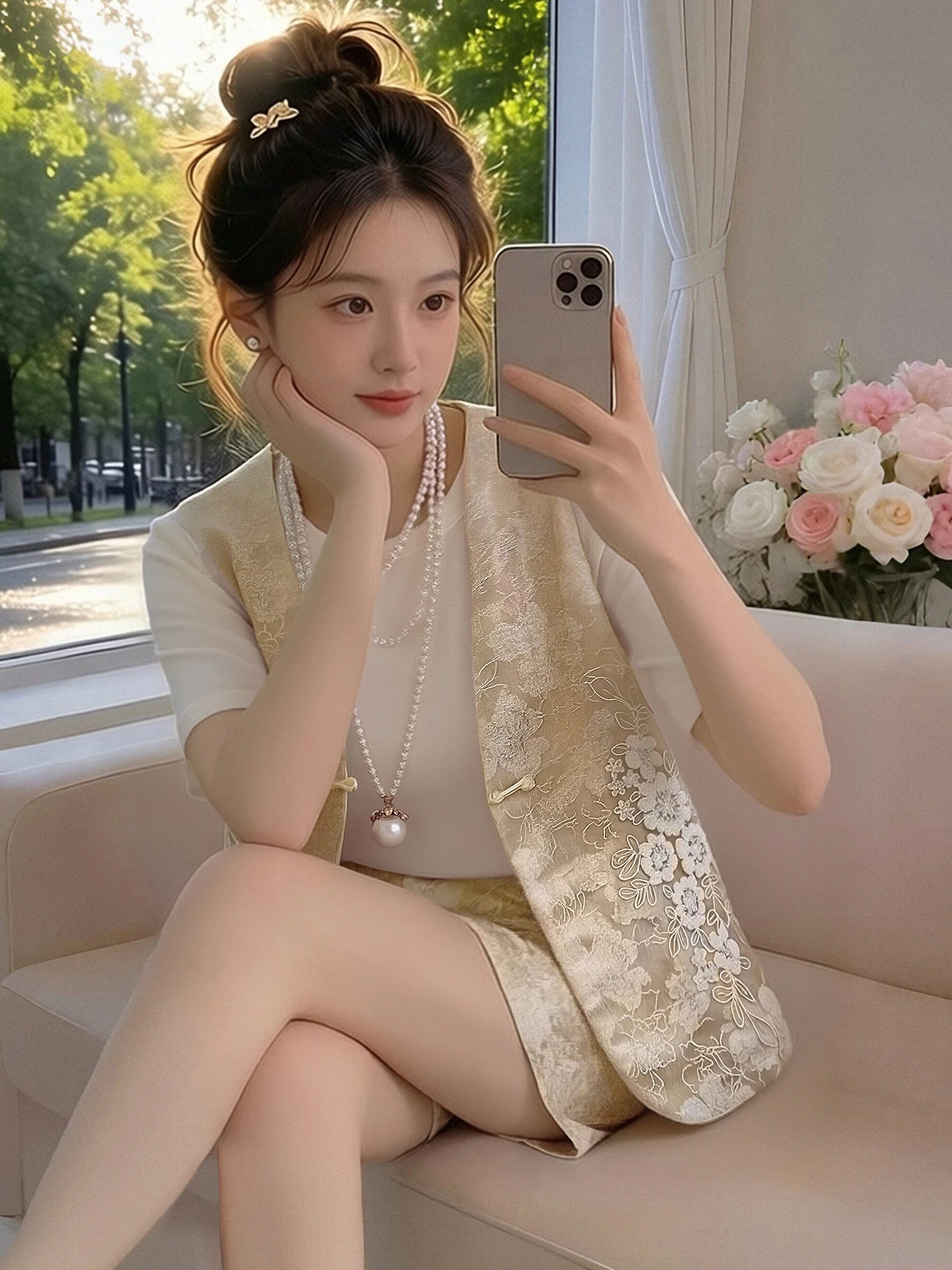 

Unique Beautiful Summer T-Shirt Shorts Set Women's round Neck Short Sleeve Embroidered Vest mid High Waist Shorts Three Piece...