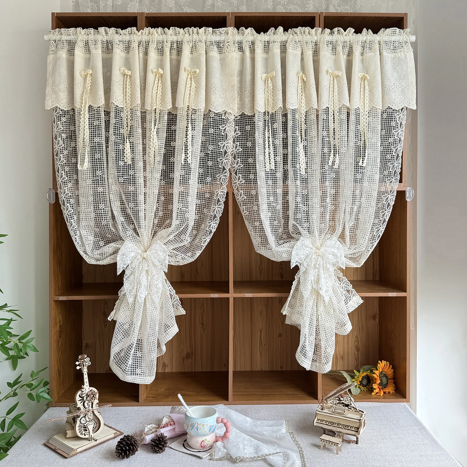 

2PCS French Lace Hollow Bows Floral Embroidery Curtain for Living Room Mesh Window Drape Kitchen Home Decoration #E