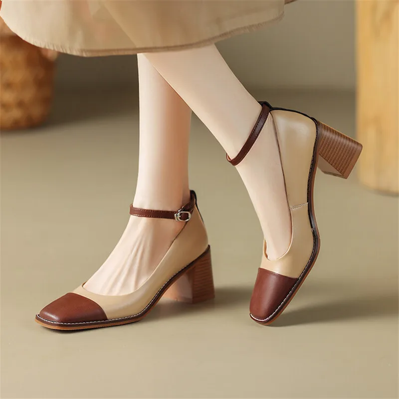 2024 Spring Split Leather Women Shoes Square Toe Chunky Heel Mixed Color Women Pumps Retro Mary Jane Shoes for Women High Heels