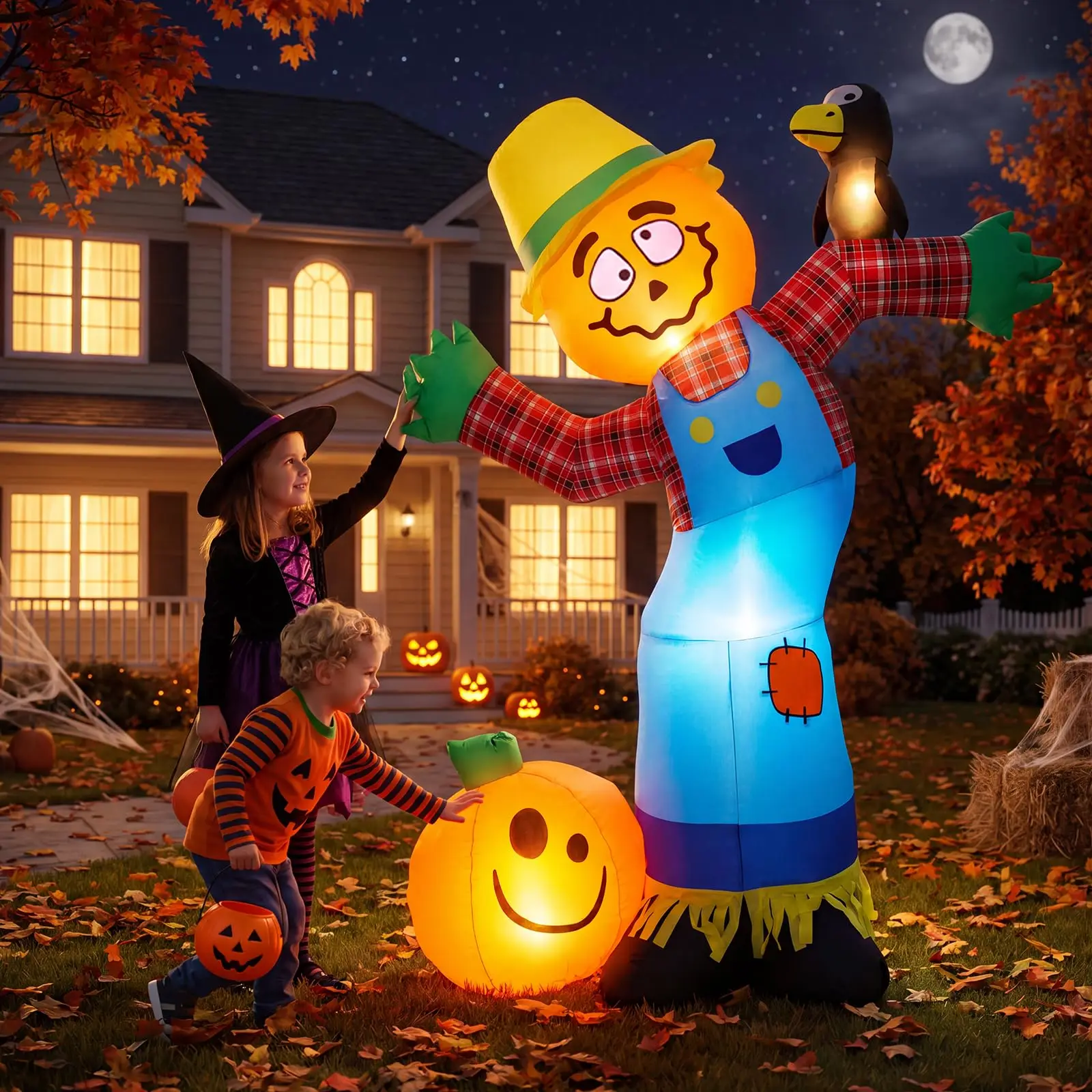 6ft Halloween Pumpkin Scarecrow Inflatable Outdoor Toy With 7 Led Lights, Blower, Stakes & Ropes For Yard Lawn Porch Party Decor