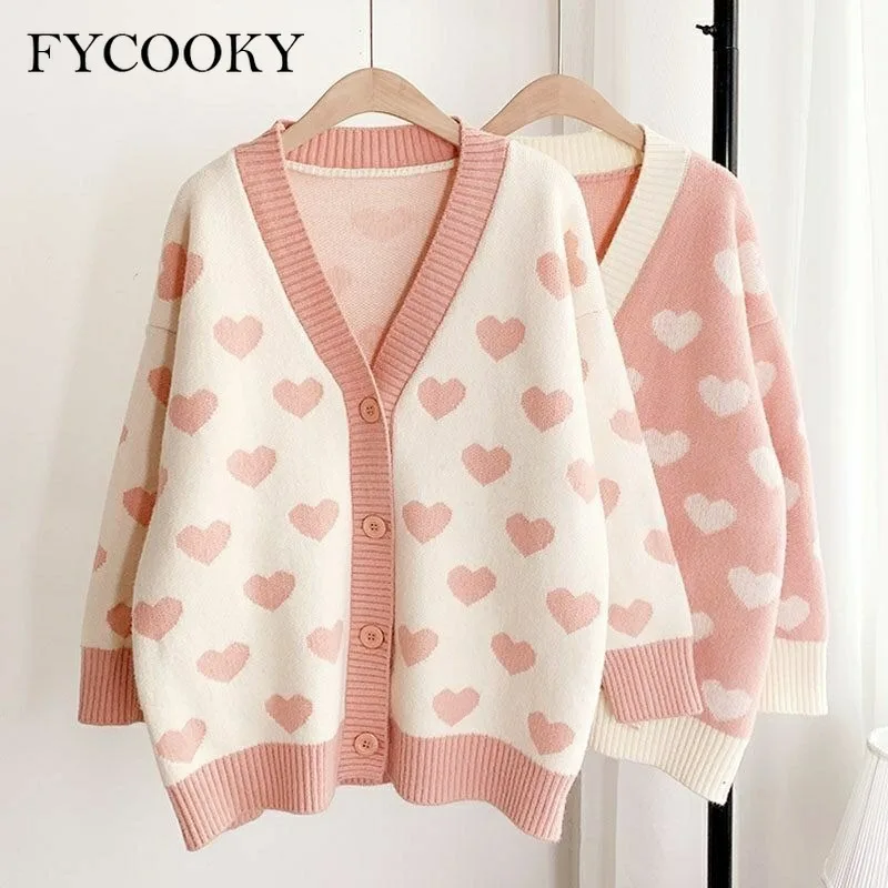 

Новинка 2025 года, вязаный кардиган Sweet Love, женский кавайный розовый кардиган, японский осенне-зимний свитер с v-образным вырезом, женская куртка