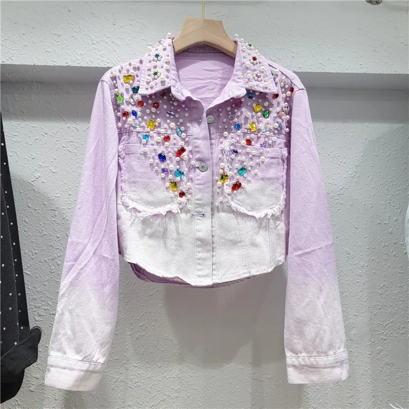 Heavy Industry Bead Design Gradual Change Color Denim Jacket Women's Niche Korean Version Retro Fried Street Long-sleeved Jacket