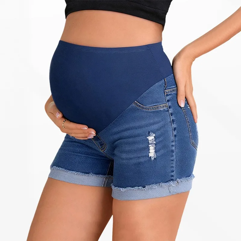

Maternity Clothing Skinny Jeans Shorts High Waist Minimalist Distressed Casual Fashion Pregnant Woman Denim Shorts