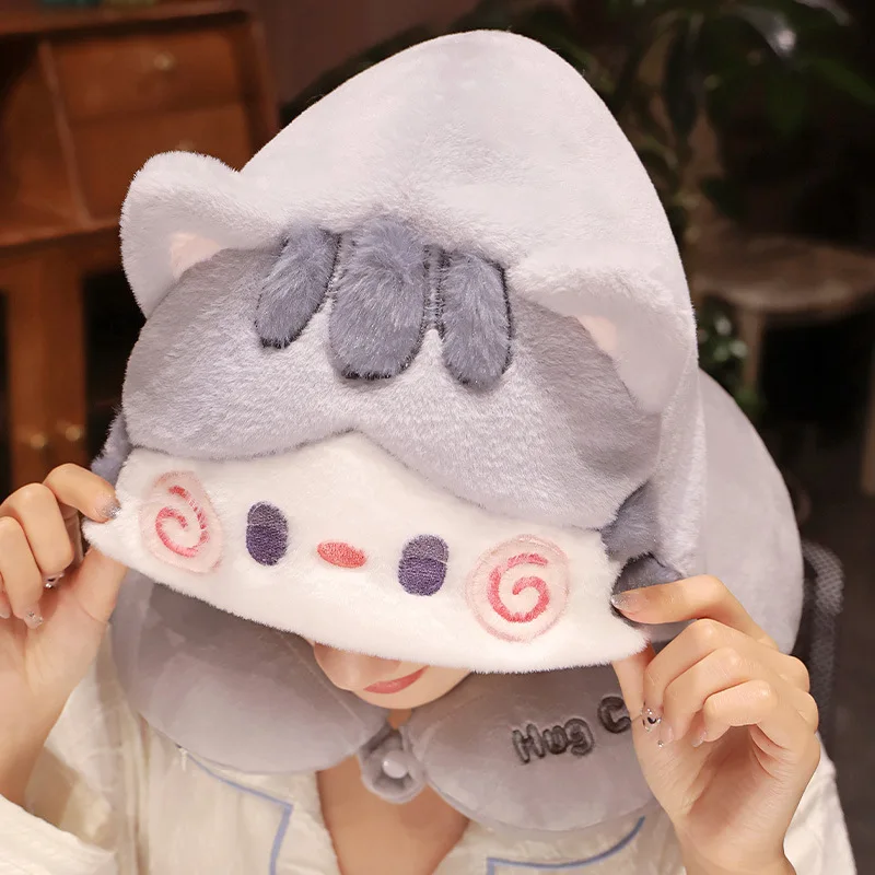 Cat U Shaped Hooded Travel Pillows Airplane Neck Plush Pillow Anime Cartoon Pillow Portable Car Head Soft Cushion Cotton Stuffed