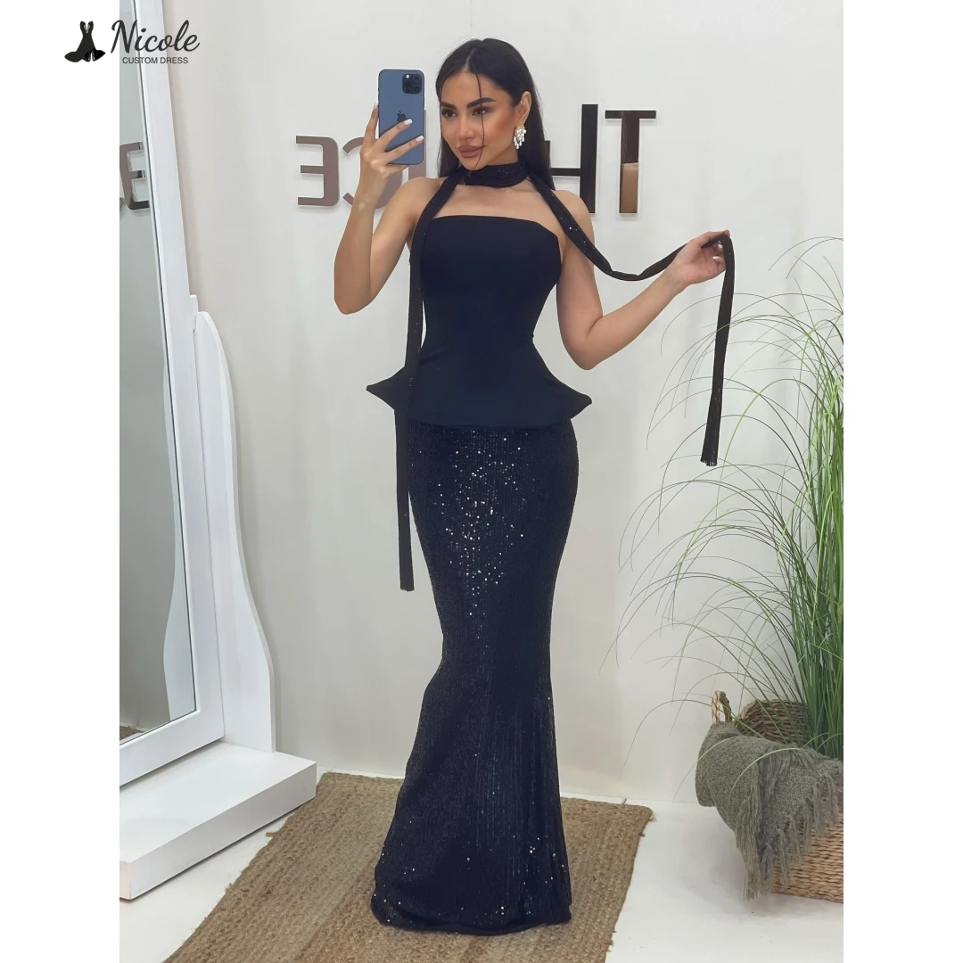 

Nicole Evening Dresses 2025 Woman Fishtail Skirt Dubai Luxury Evening Dress Wedding Guest Ribbon Custom Made Sequins Ball Gowns