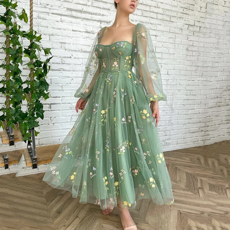 

Grass green party evening dress lace embroidered medium and long dress long sleeve party sexy temperament elegant high-end cloth