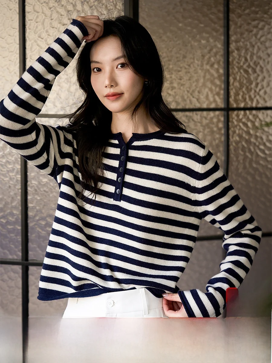 

Spring New Arrival Women's Striped Knitwear Crt Wool Camere Loose Fit Soft Comfortable Long Sve round Ne Warm Top