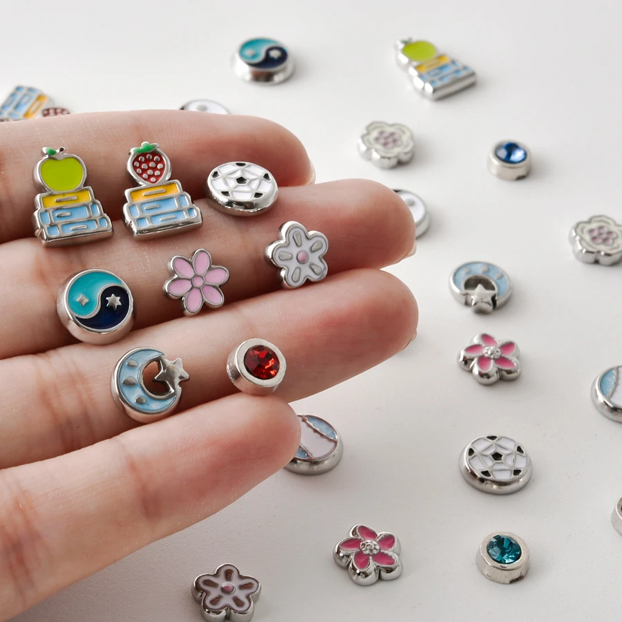 6/15Pcs Stainless Steel Enamel Floral Flower Sport Ball Floating Charms For Memory Locket Jewelry Goth Moon Star Trinkets Beads