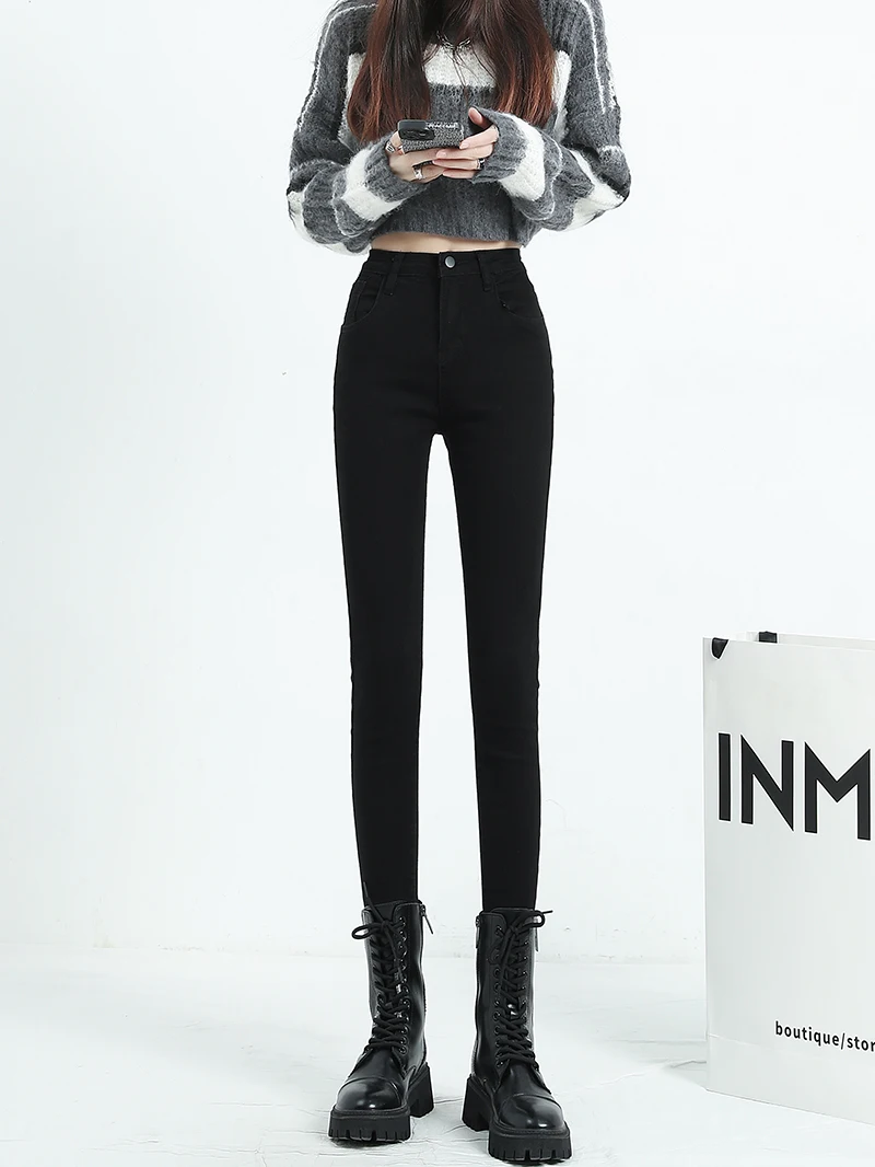 

Black High Waist Elastic Women's Jeans Slim Fit Spring Autumn Winter Pencil Pants Cotton Stretch Denim Base Layer Pants