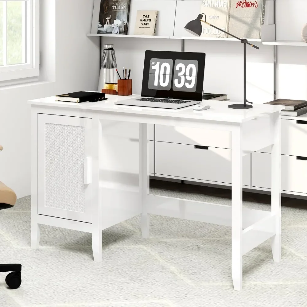 

Computer Desk with Storage Cupboard,47'' White Wood Home Office Desk,Rattan Wicker Desk for bedroom, Teens Writing Study Desk