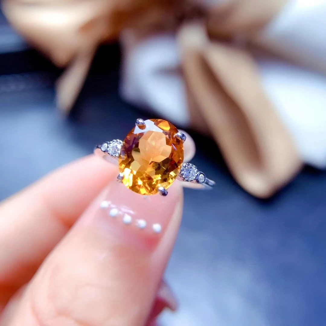 

MeiBaPJ 8mm*10mm Natural Citrine Gemstone Fashion Ring for Women Real 925 Sterling Silver Fine Charm Wedding Jewelry