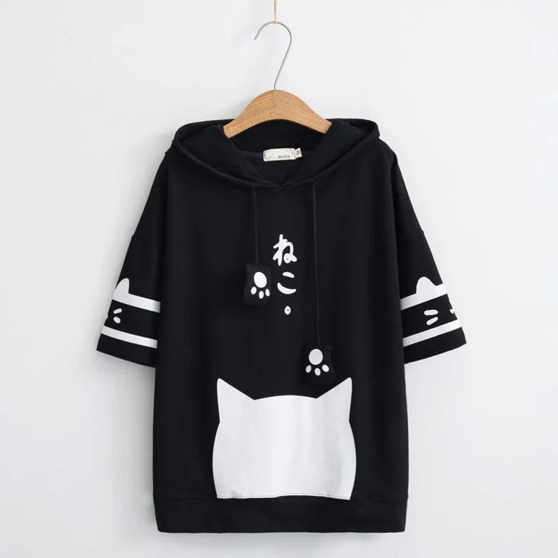 Mori Women Harajuku Kawaii Graphic T Shirt 2024 Summer Teen Girl Cat Ears Hooded T-shirt Short Sleeve Japanese Letter Print Top