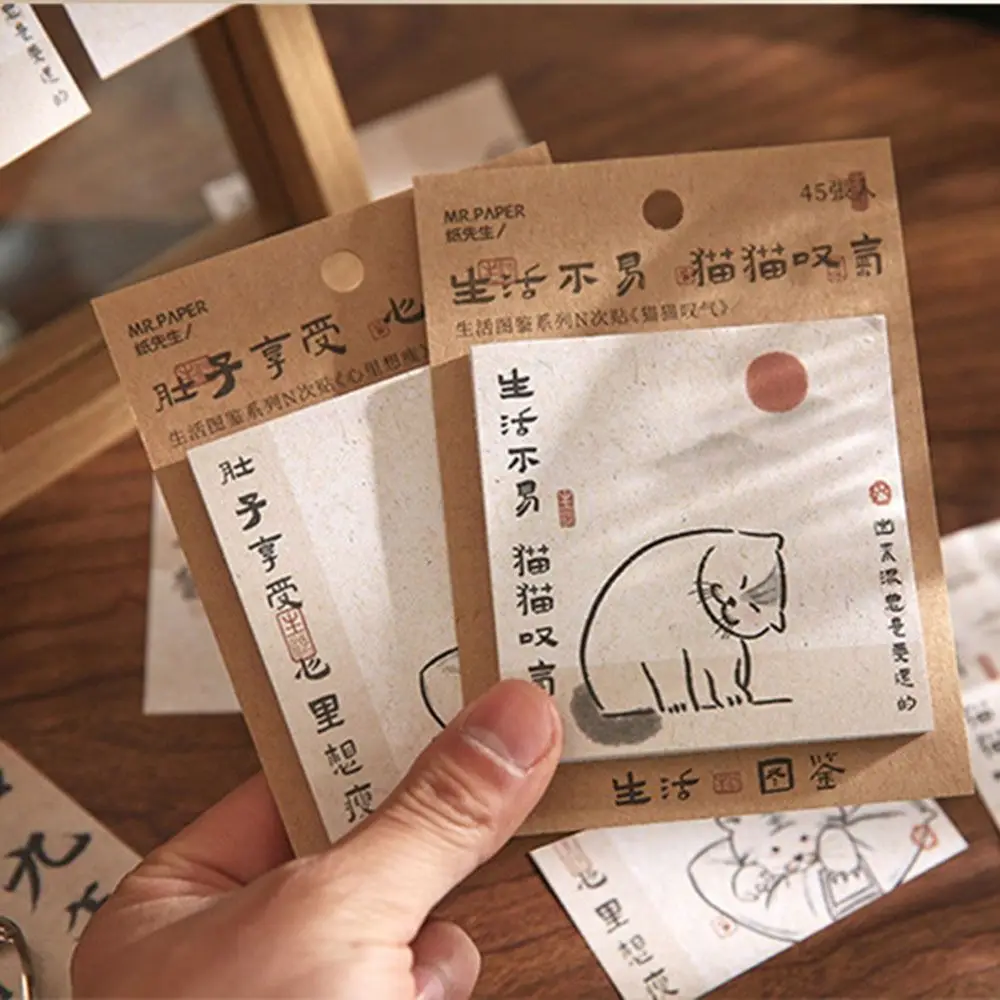 Hand-Drawn Cat Sticky Notes Self-adhesive Tearing N Times Sticky Write Smoothly Memo Diary Planner DIY Decor Student Stationery